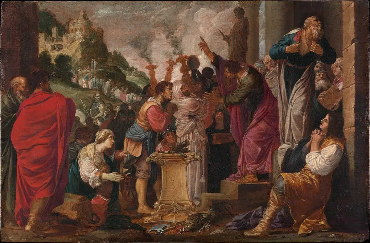 Crowded painting of townspeople bringing an ox and garlands to an altar to sacrifice to Paul and Barnabas, who stand on steps at right protesting