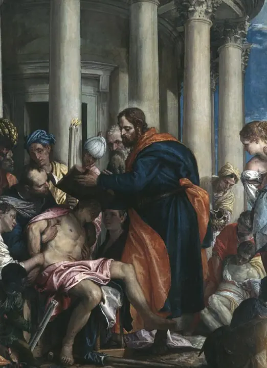 Veronese painting of St. Barnabas in a blue and gold robe holding a book over a pale sick man lying among a crowd under tall classical columns