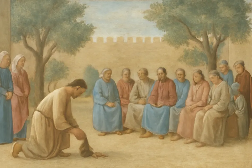 Illustration of Barnabas laying a bag of coins at the feet of the apostles in Jerusalem