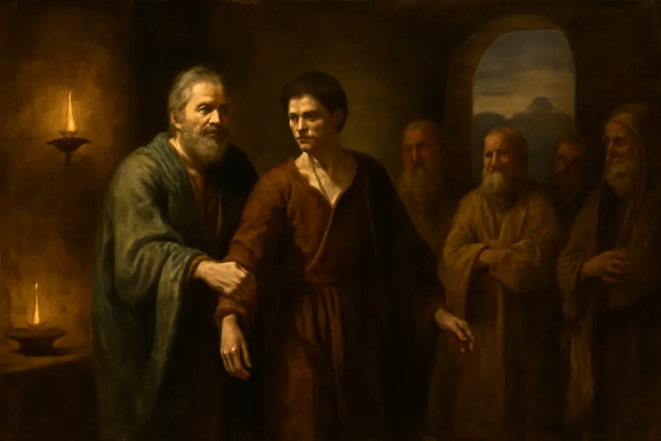 Illustration of Barnabas leading the newly converted Saul into a room of wary apostles in Jerusalem