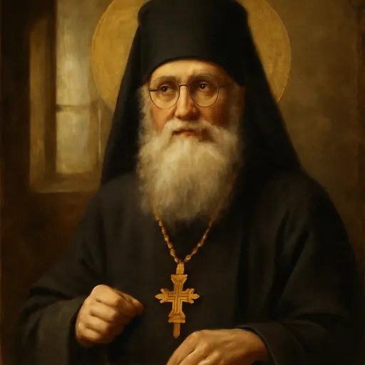 Oil-painting-style portrait of St. Barsanuphius of Optina as an old Russian monk with a long white beard and spectacles, in a black klobuk, holding a prayer rope