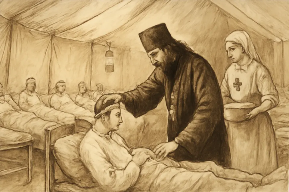 Ink-drawing-style scene of a monk-priest blessing wounded soldiers in a field hospital tent