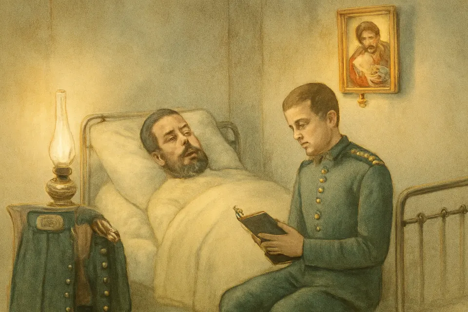 Watercolor-style scene of a sick army officer lying in bed while his orderly reads the Gospel to him by lamplight