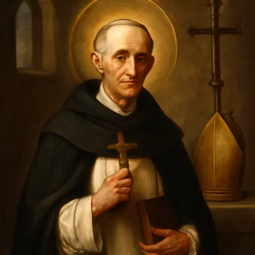 Oil-painting-style portrait of St. Bartholomew of Braga as an elderly Dominican archbishop in a white habit and black cloak, holding a crucifix and a book