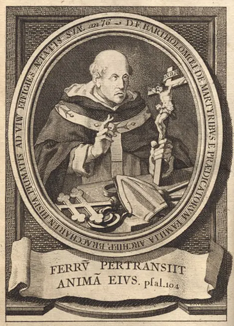 Oval engraved portrait of an elderly friar in a Dominican habit holding a crucifix, with a miter and crossed staffs below and a Latin banner beneath the frame