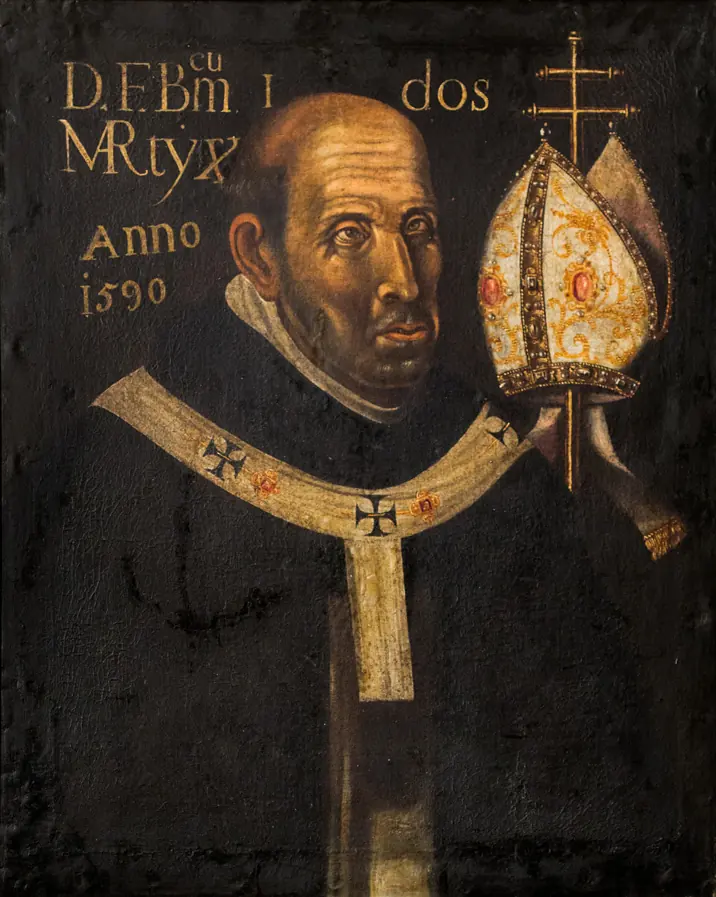 Dark painted portrait of a bald, elderly churchman in a black cloak with a white pallium marked with crosses, beside a jeweled miter and a double-barred cross, inscribed with the year 1590