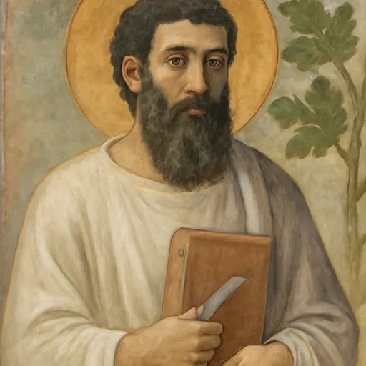 Oil-painting-style portrait of St. Bartholomew as a dark-haired, bearded apostle in a white mantle, holding a book and a small knife