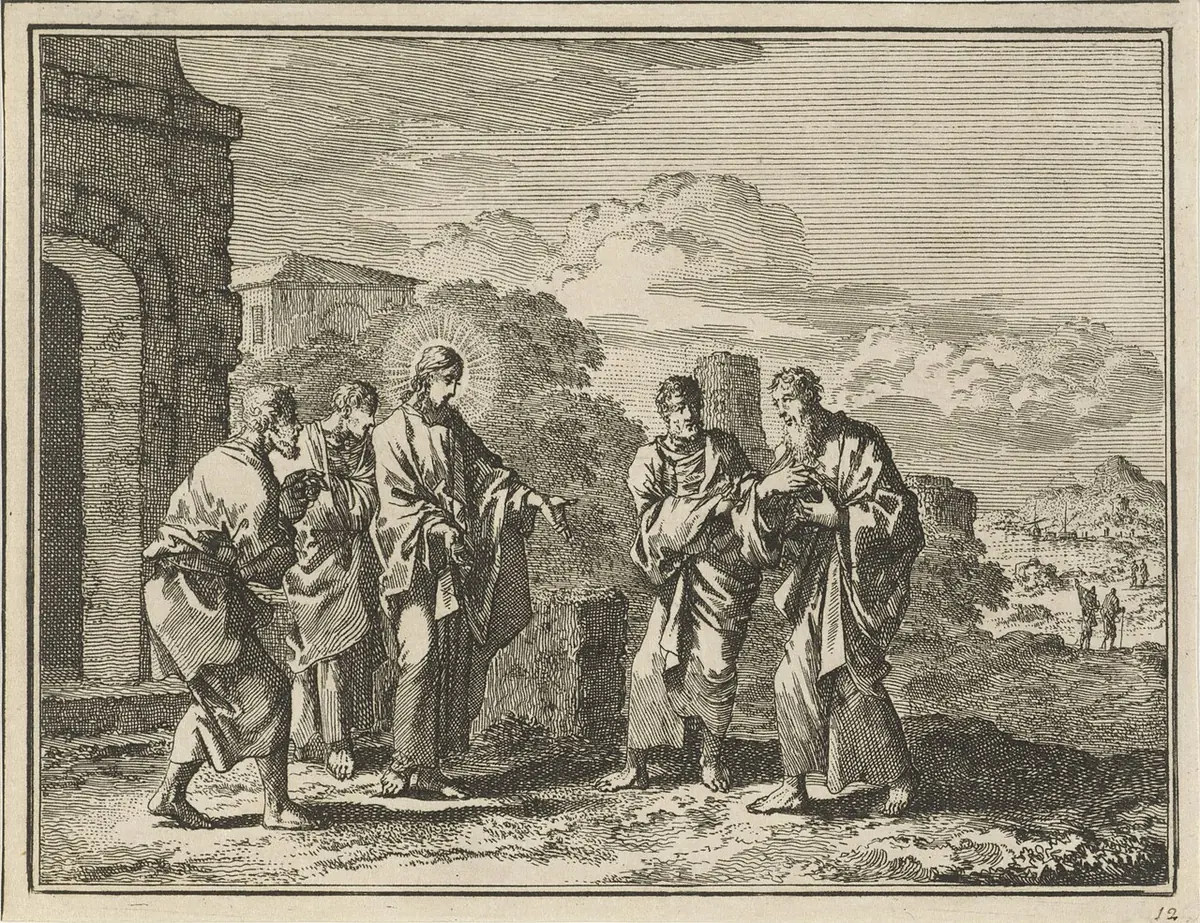 Etching of Philip leading Nathanael by the hand toward Jesus, who stands with his disciples outside a town gate and greets him