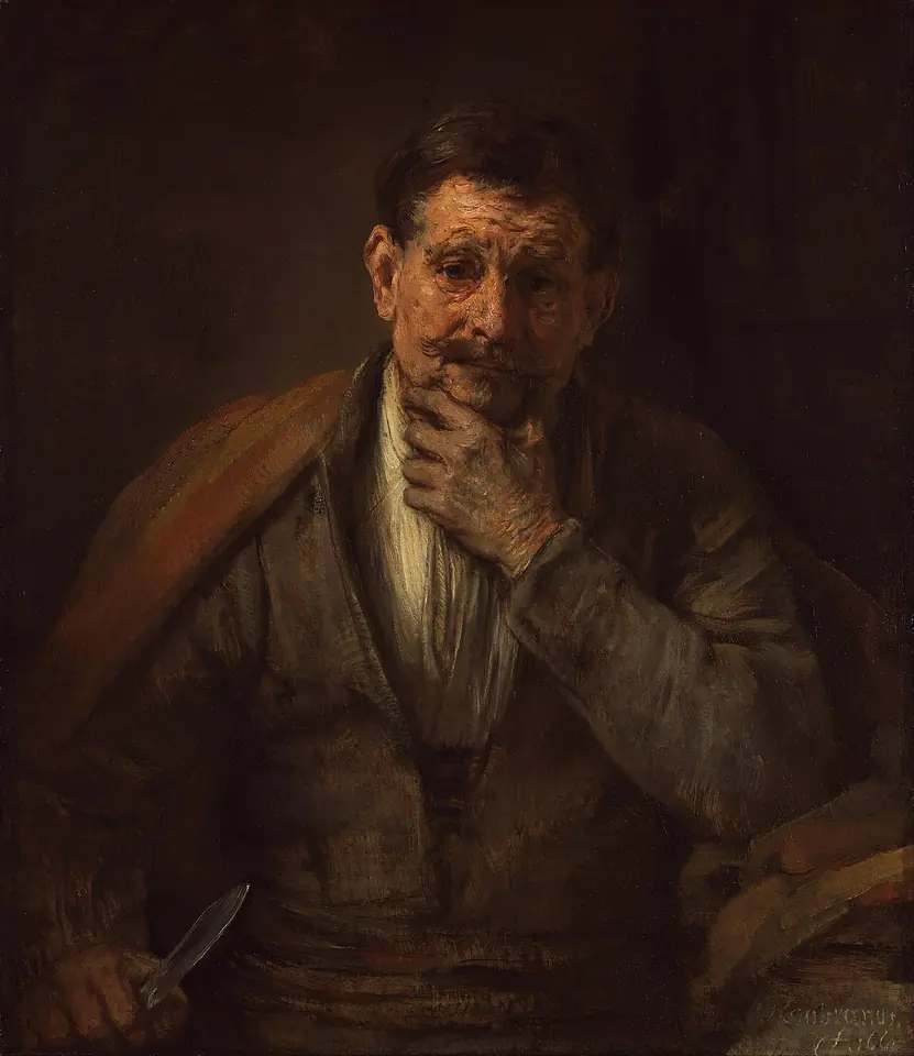 Rembrandt painting of an aging, thoughtful man in a brown coat resting his chin on his hand, holding a small knife in the other