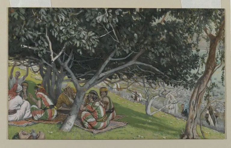 Watercolor of a broad fig tree on a grassy slope with men in striped robes resting and talking in its shade