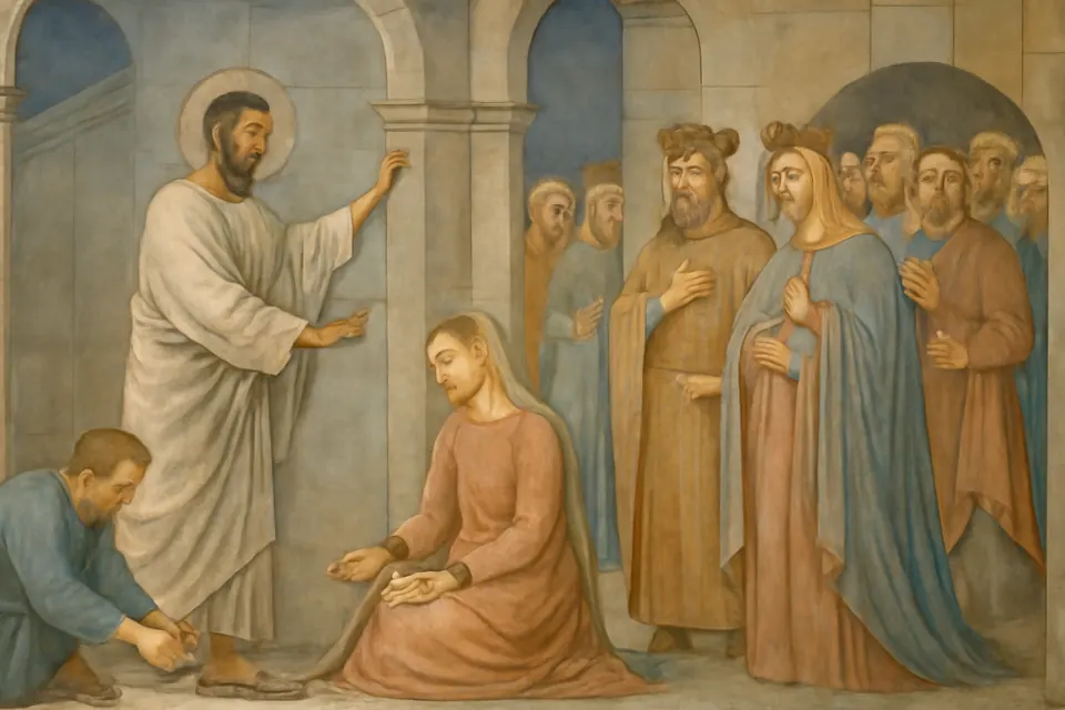 Illustration of Bartholomew freeing the troubled daughter of King Polymius from her chains in an Armenian palace