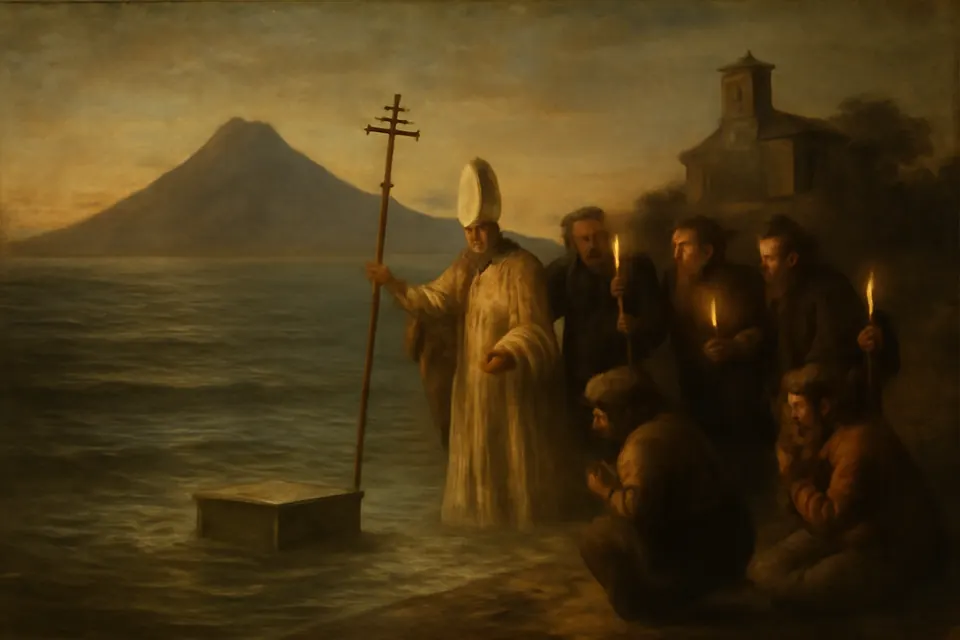 Illustration of Bishop Agathon and his clergy lifting a floating lead chest holding Bartholomew's relics from the sea at Lipari