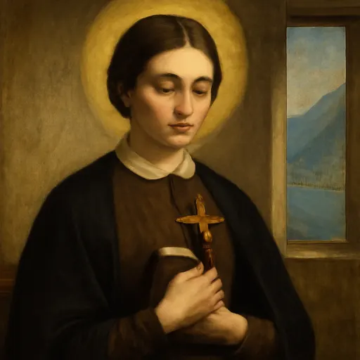 Oil-painting-style portrait of St. Bartolomea Capitanio as a young Italian woman of the 1830s in a plain dark dress with a white collar, holding a small book and a crucifix