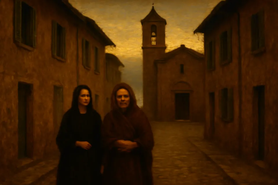 Painting-style scene of two women, one young and one older, walking at dawn through a narrow street of a lakeside town toward a church, wrapped in shawls against the November cold