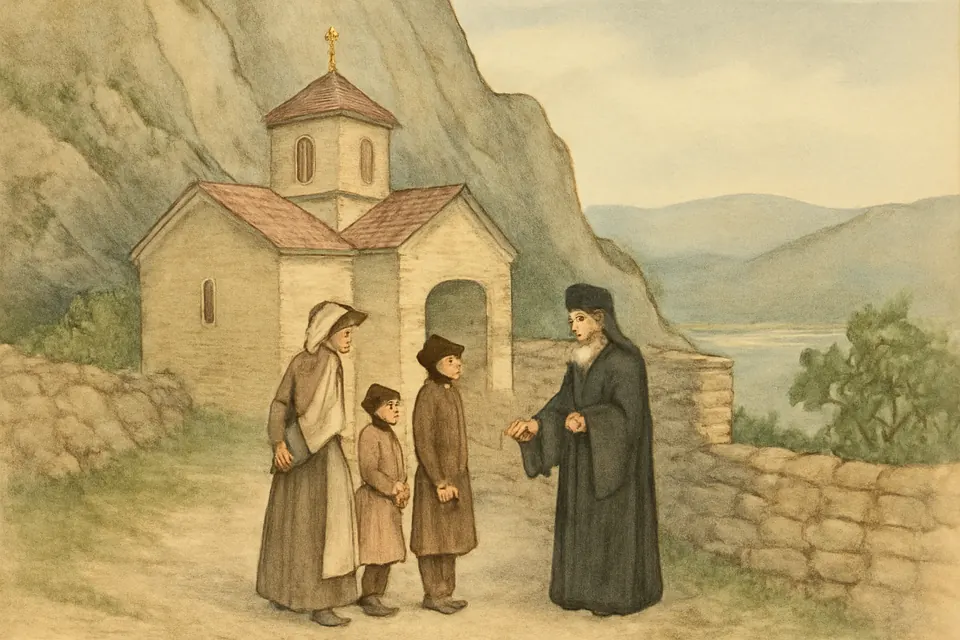 Watercolor-style scene of the boy Stojan arriving with his parents at the monastery of Zavala in Herzegovina