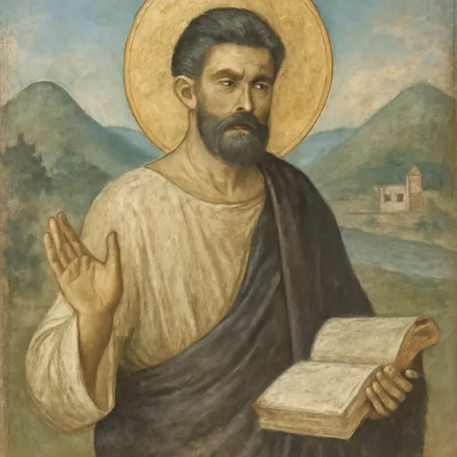 Fresco-style portrait of St. Basil the Elder as a dignified bearded teacher of the fourth century in a dark philosopher's cloak, holding a scroll
