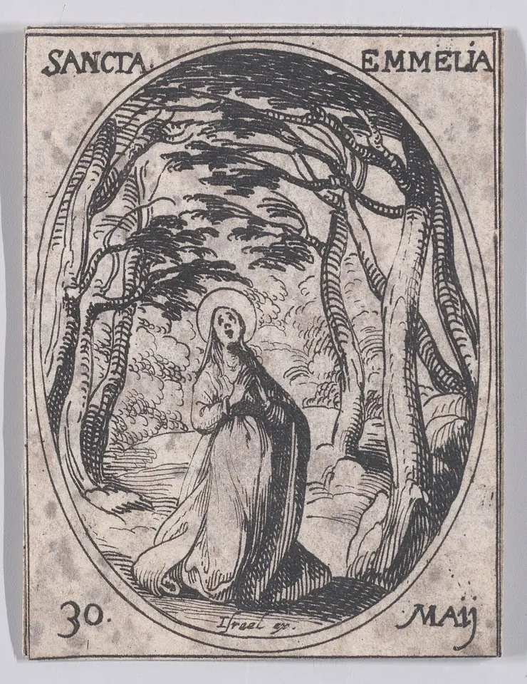 Small oval engraving of a woman in a long veil kneeling in prayer in a wooded landscape, with the words Sancta Emmelia and the date 30 May