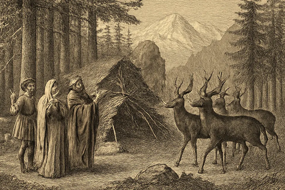 Engraving-style scene of a small group of Christian refugees in a mountain forest watching in wonder as deer come out of the trees toward them