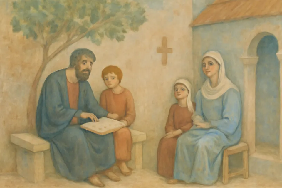 Fresco-style scene of a bearded father in a cloak teaching his young son to read from a scroll in a courtyard, while his wife and a little daughter listen