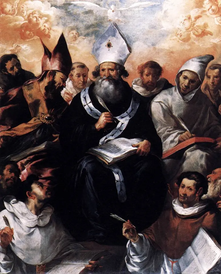 Spanish Baroque painting of a gray-bearded St. Basil in a white miter and dark robe, writing at a book as bishops and monks take notes around him and a dove shines above