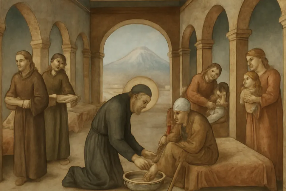 Illustration of St. Basil washing the feet of sick and poor travelers in the hospital he built outside Caesarea