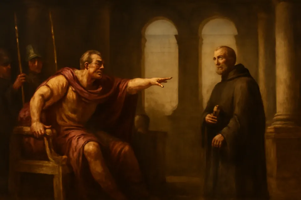 Illustration of St. Basil standing calmly before the prefect Modestus, who rises from his seat in anger