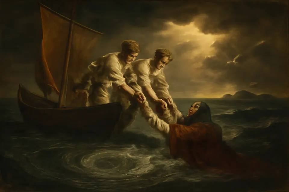 Oil-painting-style scene of three shining young men in a small sailing ship lifting a woman out of a swirling sea