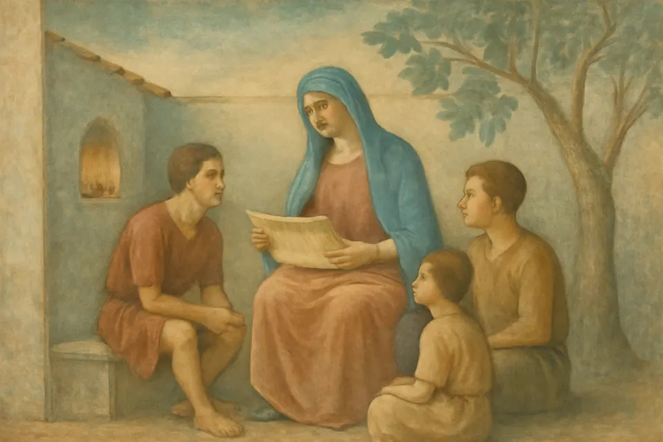 Fresco-style scene of a mother seated in a courtyard teaching her three sons from a scroll while a lamp burns beside them