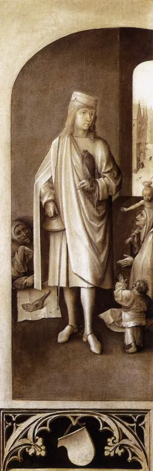 Gray monochrome painting of a nobleman in a long fur-trimmed robe and hat standing in an arched niche, with beggars at his feet