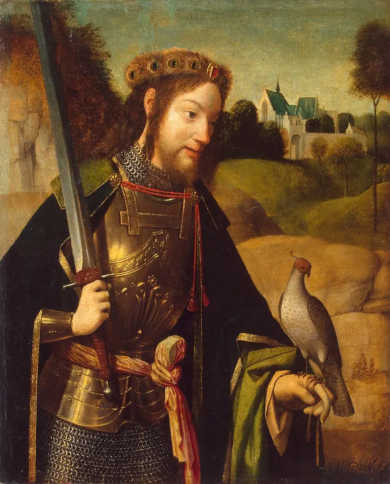 Panel painting of a bearded saint in armor and a green cloak with a gold halo, holding a sword upright and a falcon on his hand, in a green landscape
