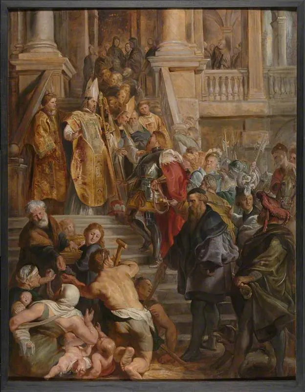 Oil sketch of a crowd on the steps of a columned church, where bishops receive a kneeling nobleman while the poor reach up for alms