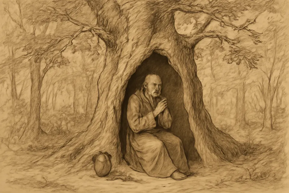 Ink-drawing-style scene of a bearded hermit in a rough habit praying inside the hollow trunk of a huge old oak in a Flemish forest