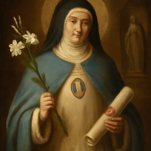 Oil-painting-style portrait of St. Beatrice of Silva in a white habit and blue mantle with a medallion of the Virgin Mary, holding lilies and a sealed papal document