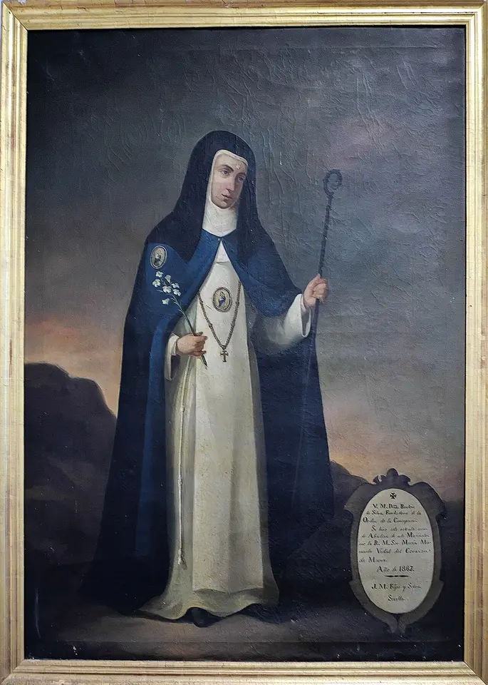 Oil painting of St. Beatrice standing in a landscape in a white habit and blue mantle with a medallion of the Virgin, holding an abbess's crozier and a rosary