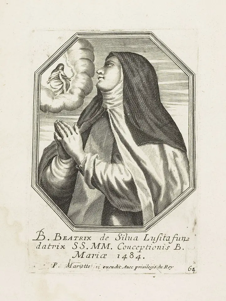 Engraving of Beatrice of Silva in a veil, kneeling with her hands joined in prayer, gazing up at a small vision of the Virgin Mary in the clouds