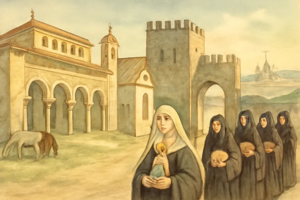 Watercolor-style illustration of Beatrice and a few veiled companions arriving at an old palace beside the walls of Toledo