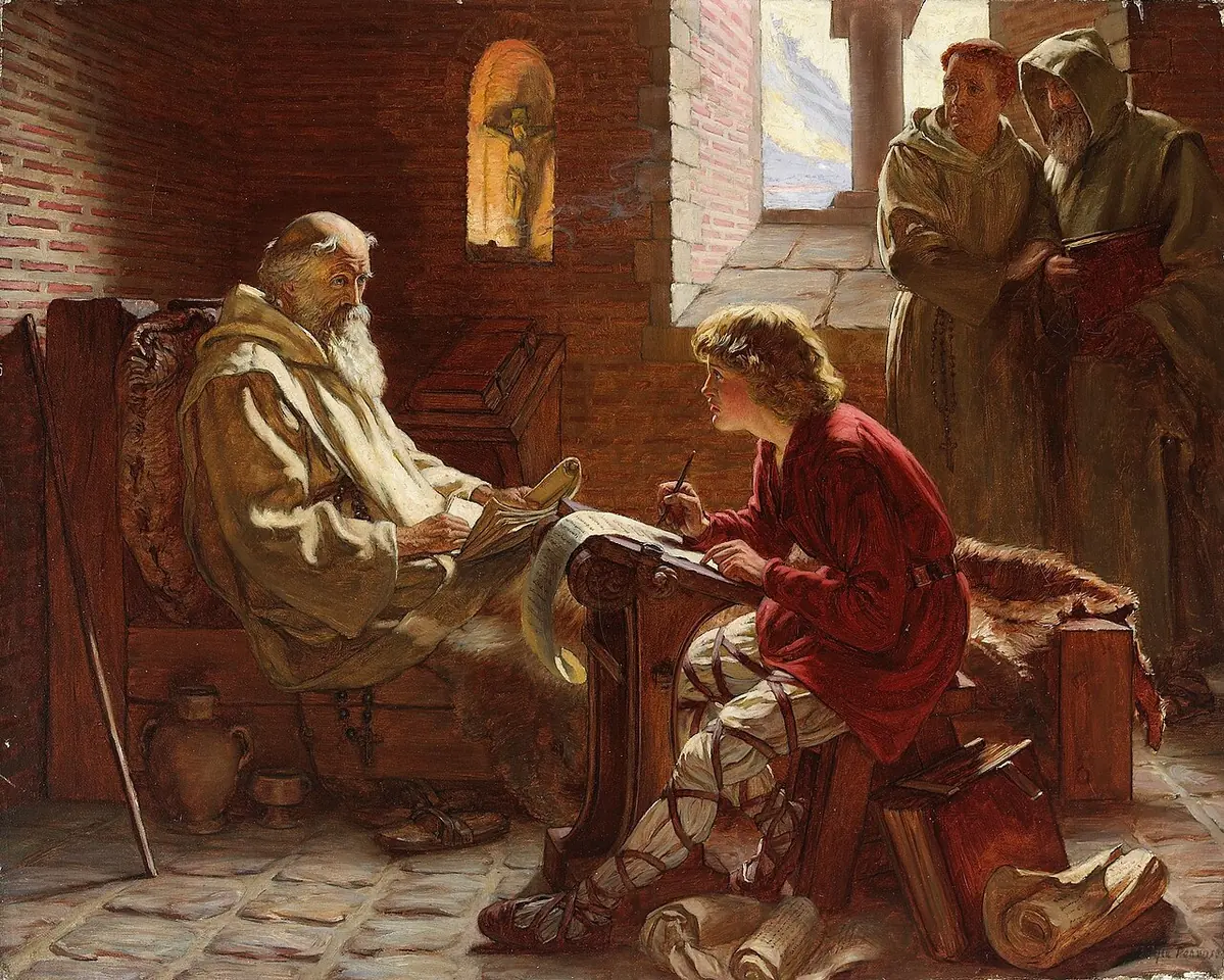 Painting of an old white-bearded monk in a pale habit dictating from a chair to a young scribe in red who writes on a long scroll, while two monks watch from behind