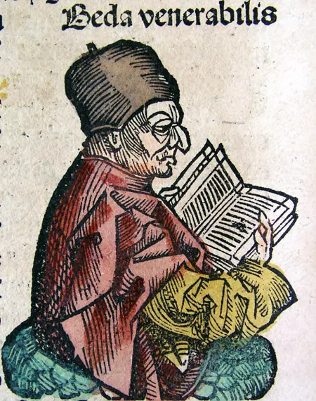 Hand-colored woodcut of a bespectacled scholar in a red gown and dark cap reading a large book, labeled Beda venerabilis