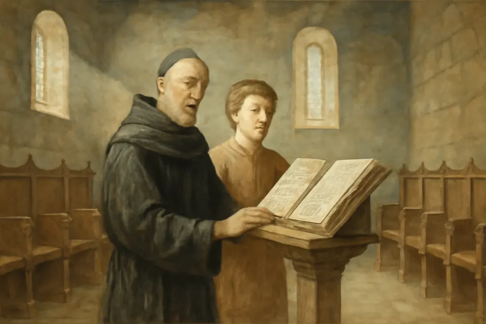 Illustration of an abbot and a small boy singing the psalms alone in an empty stone monastery church