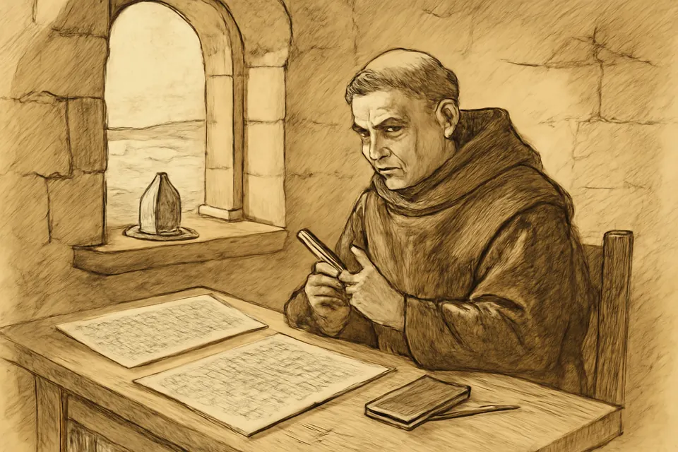 Illustration of a monk at a desk working out a table of dates for Easter, with a sundial and parchment charts around him