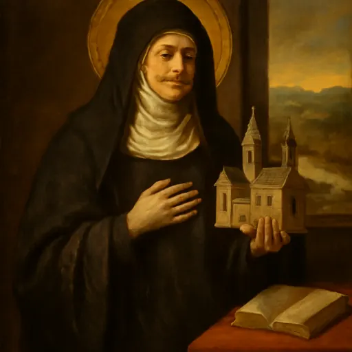 Oil-painting-style portrait of St. Begga as an older abbess in a black habit and white veil, holding a model of a church, a small gold crown on the table beside her