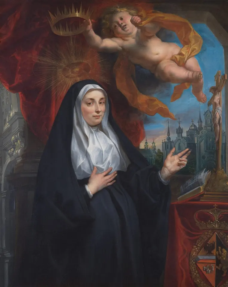 Baroque painting of St. Begga as a nun in black and white pointing to a town with church towers, while a cherub above holds a crown
