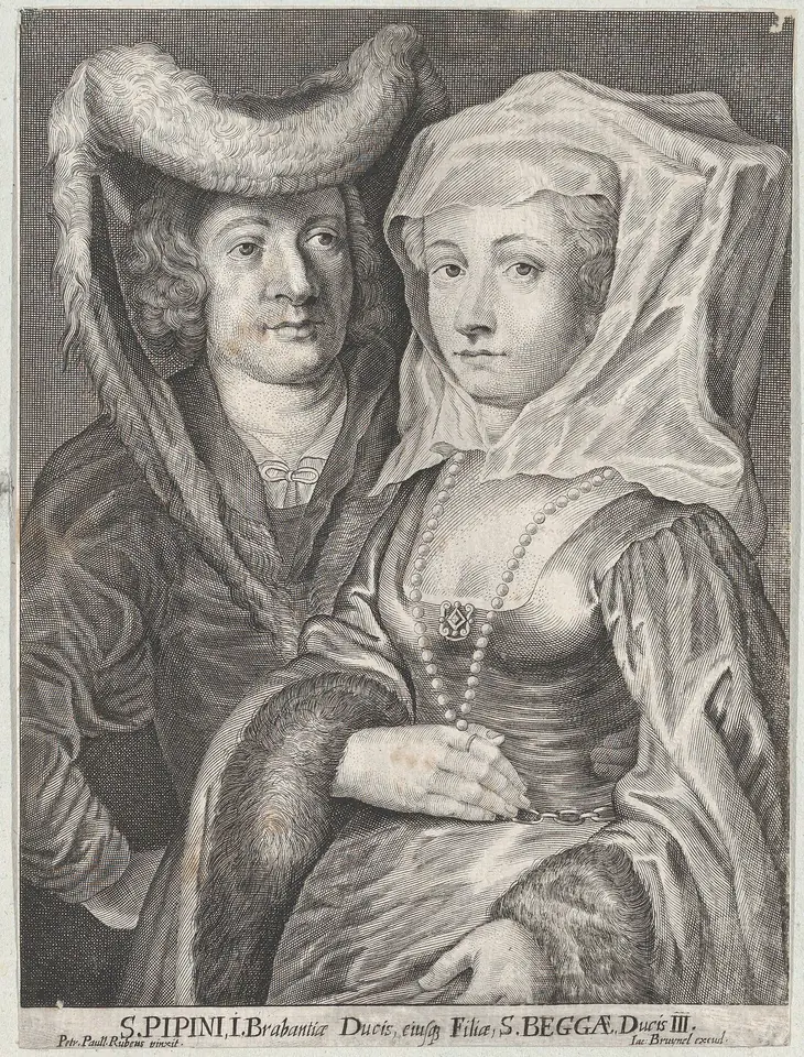 Engraving of a father in a fur-trimmed hat and his young daughter in a white veil and fine gown, standing side by side