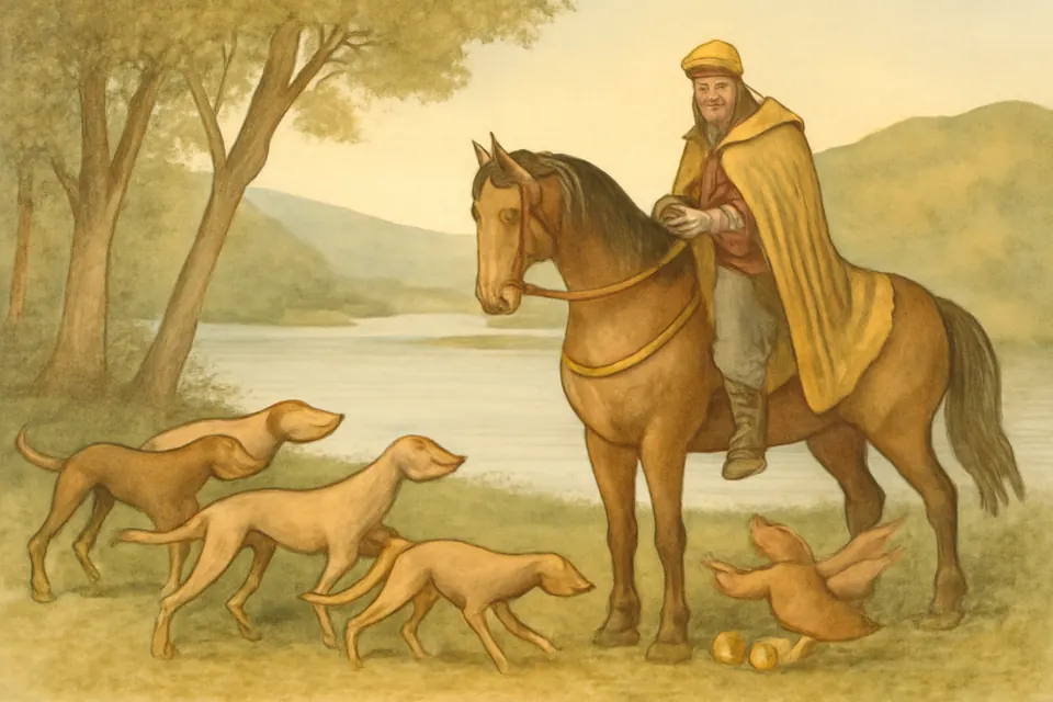 Watercolor-style illustration of a Frankish hunter and his dogs stopping before a hen sheltering her seven chicks beside the Meuse