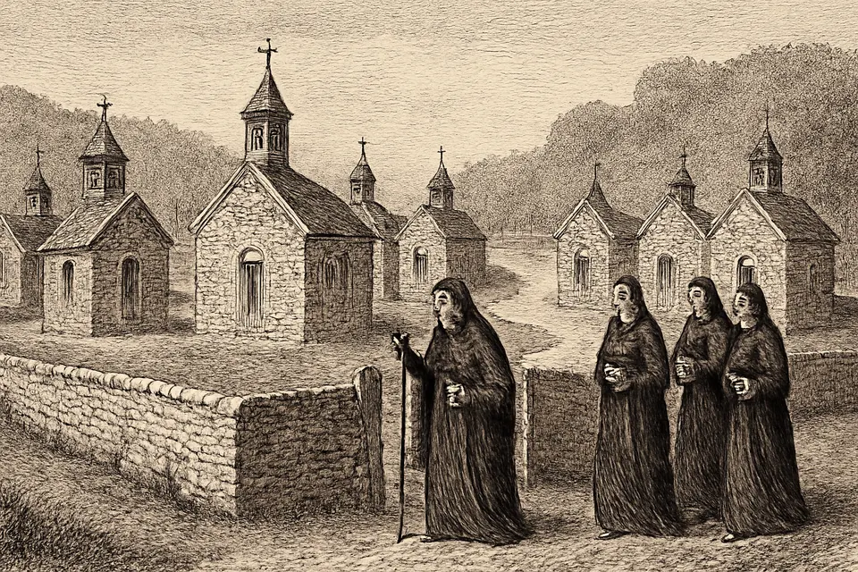 Engraving-style illustration of an elderly abbess and her nuns before a cluster of small early medieval chapels on the Meuse
