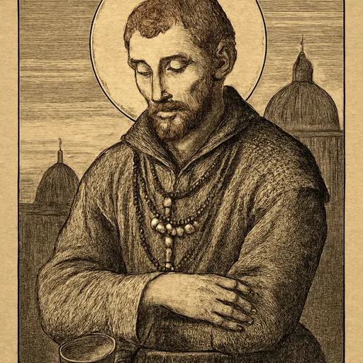 Oil-painting-style portrait of St. Benedict Joseph Labre as a thin young bearded man in a worn tan coat, rosaries around his neck and his arms folded over a crucifix