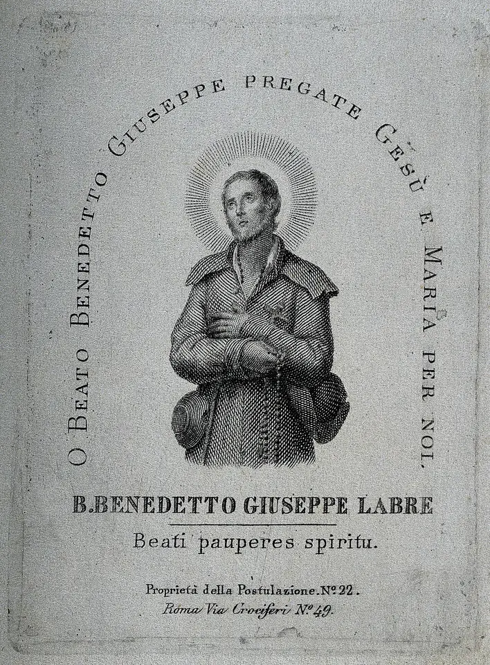 Small engraving of Labre in a long coat with a halo, hands folded, framed by an Italian invocation and the words Beati pauperes spiritu