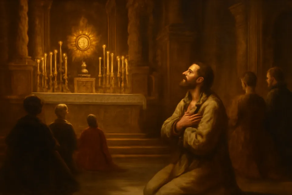 Oil-painting-style scene of St. Benedict Joseph Labre kneeling motionless before the Blessed Sacrament exposed for the Forty Hours in a candlelit Roman church