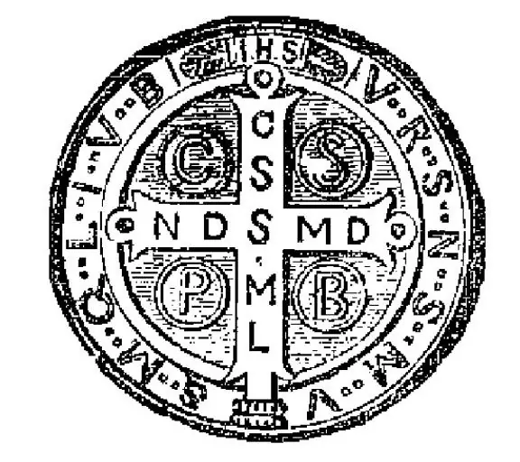 Black-and-white engraving of the back of a St. Benedict medal, the lettered cross with C S P B in four circles and IHS at the top of the rim