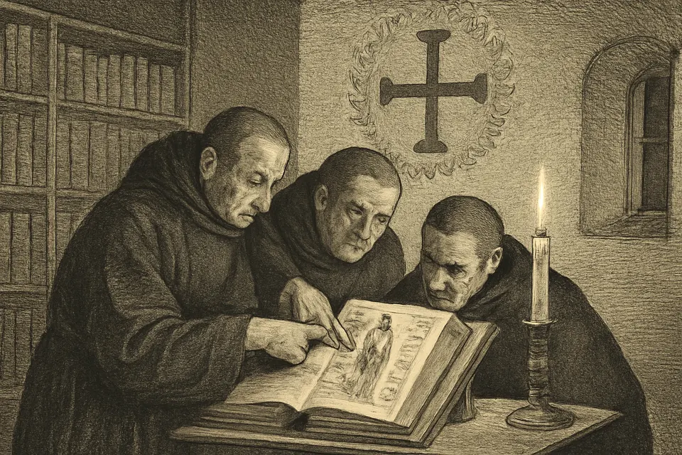 Engraving-style illustration of Benedictine monks in a candlelit library examining an old illuminated manuscript beside a wall painted with a cross and rows of letters